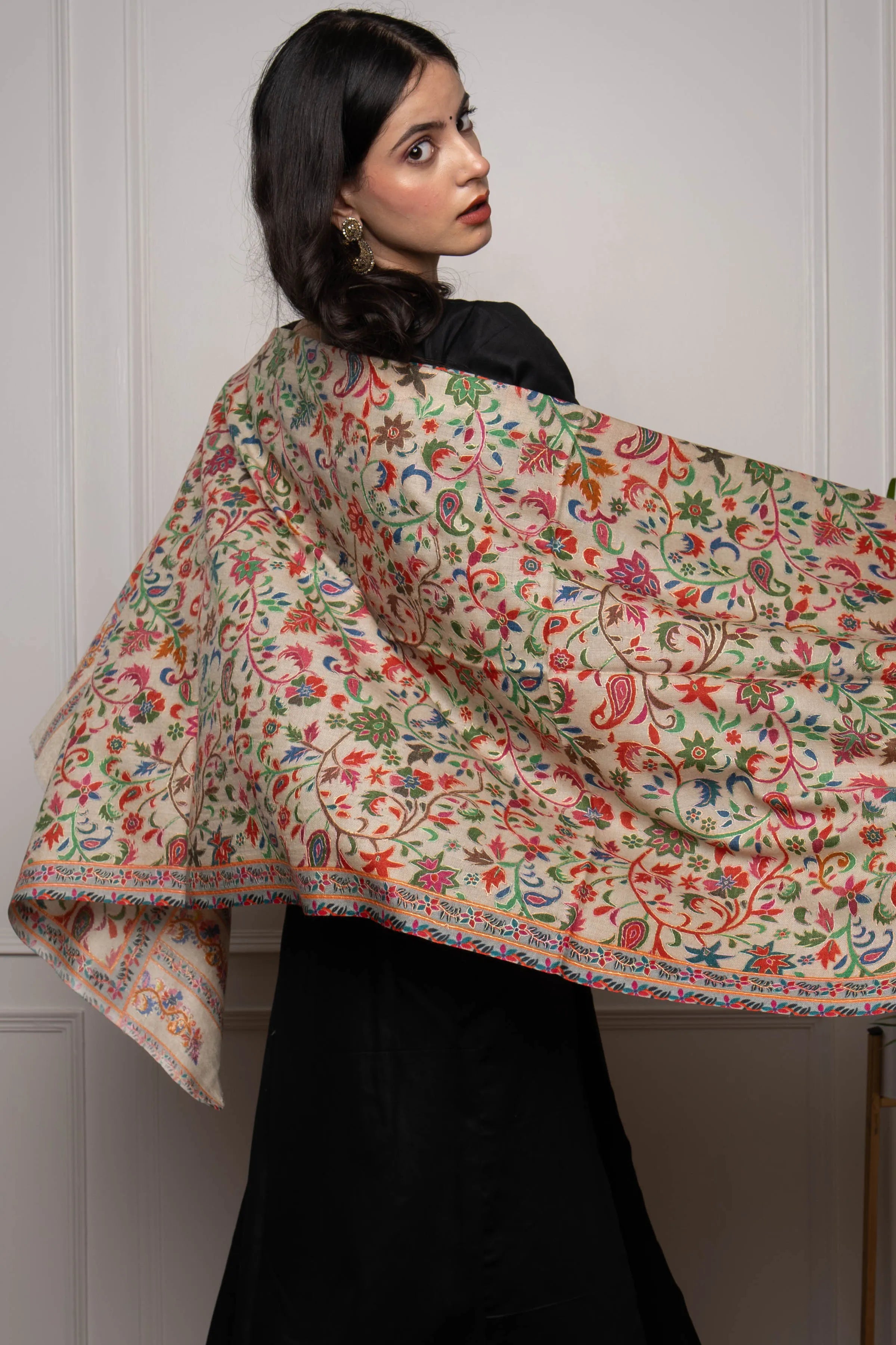 Peach Floral Jaal Handwork Kalamkari Pashmina Stole