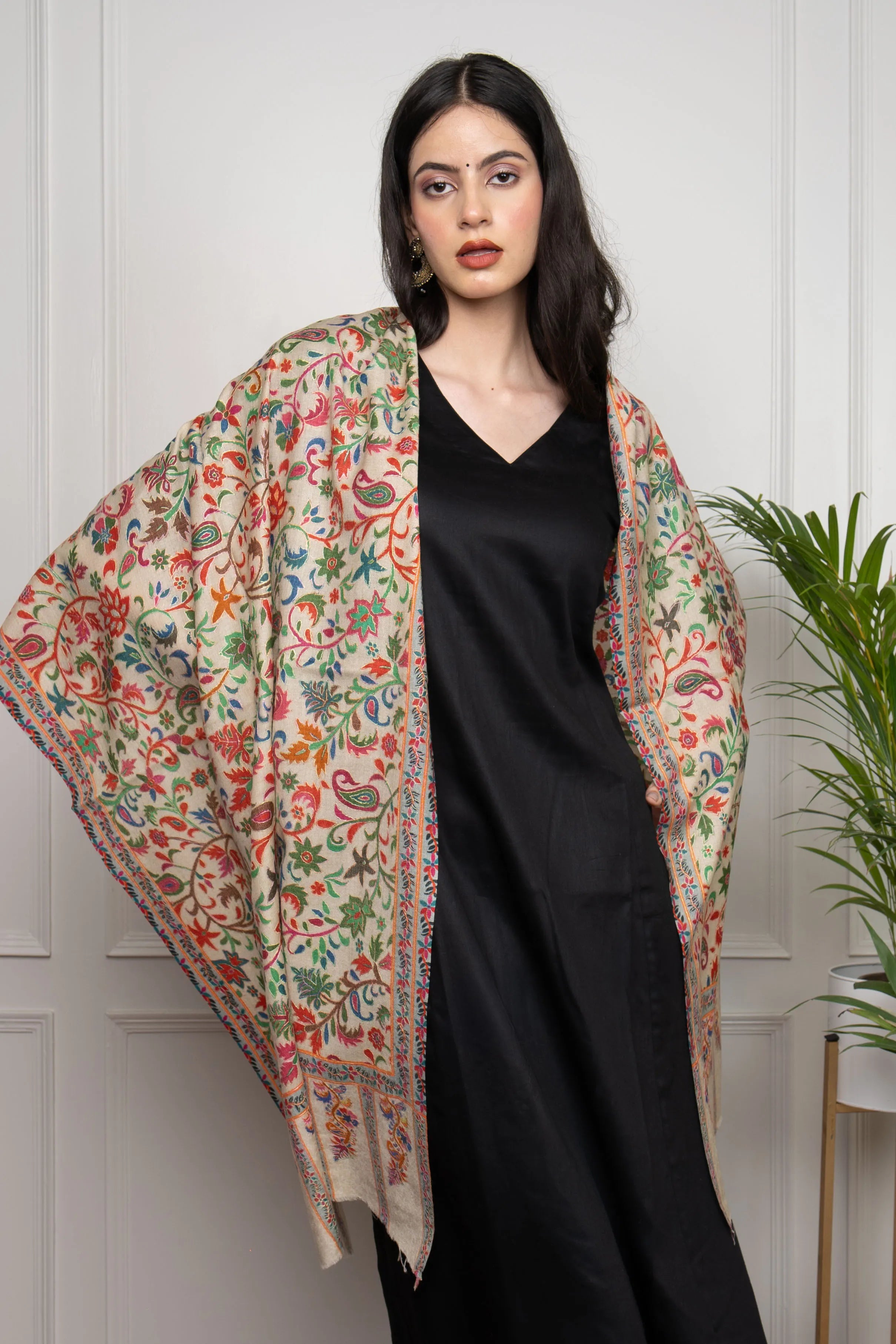 Peach Floral Jaal Handwork Kalamkari Pashmina Stole