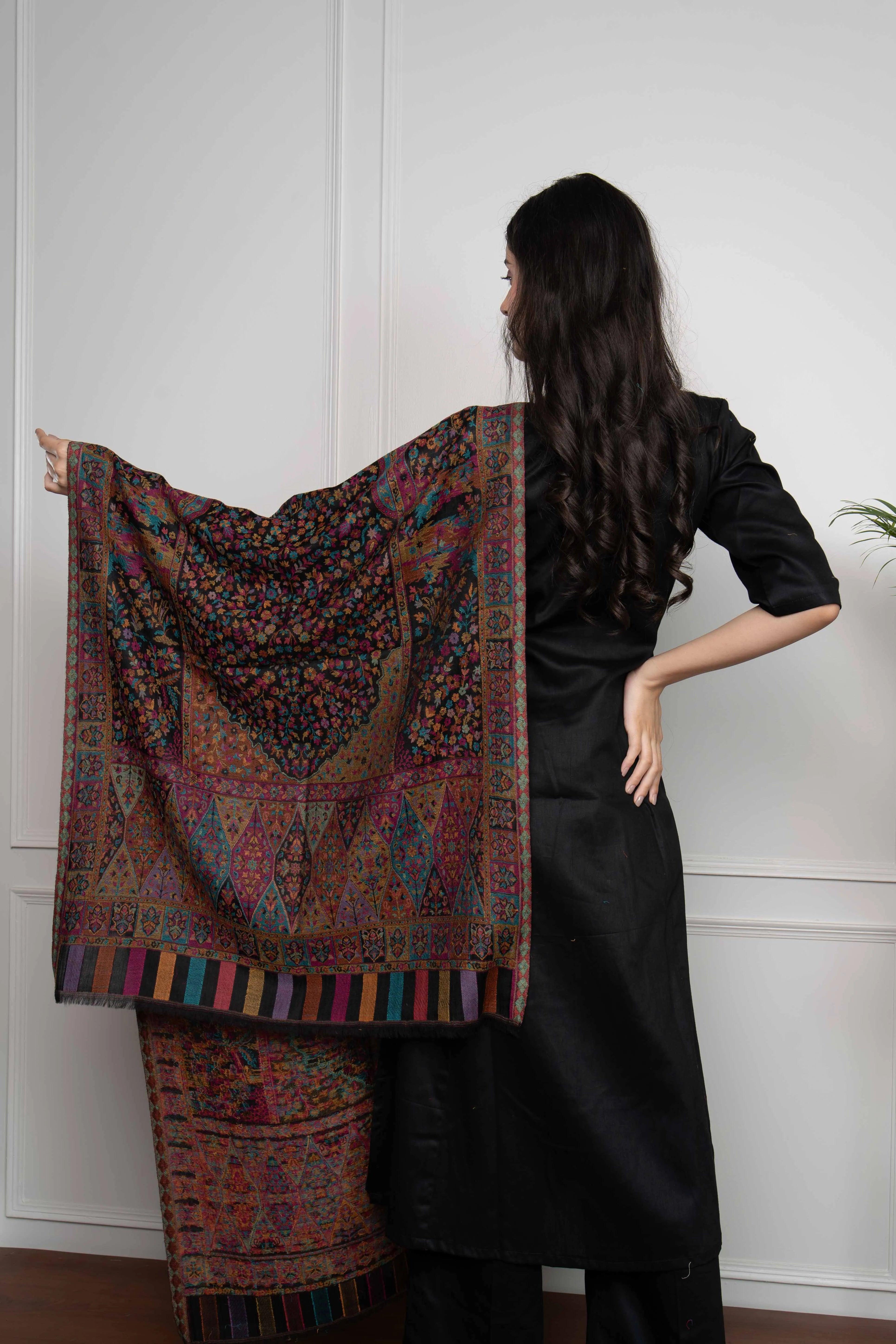 Black Kani Multicolor Floral Wool Silk Blend Stole