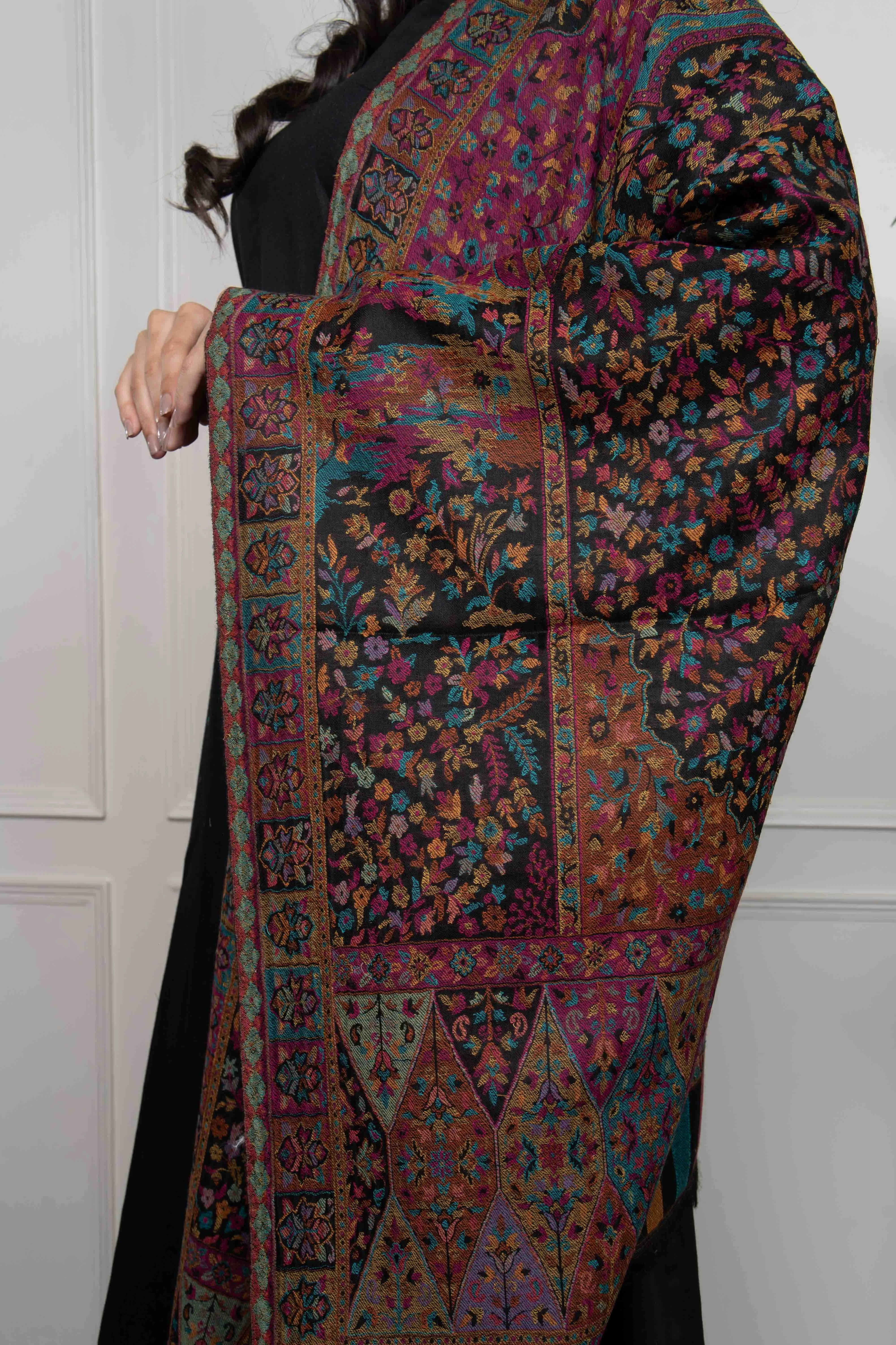 Black Kani Multicolor Floral Wool Silk Blend Stole